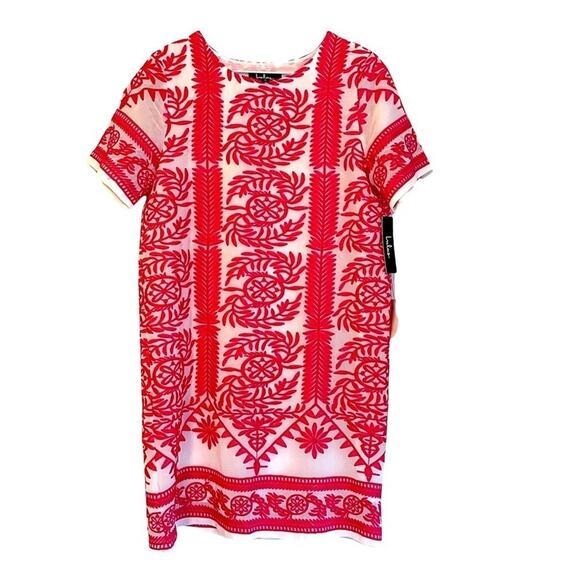 Lulu’s White Pink Embroidered Shirt Sleeve Shift Dress Size‎ Small NWT - Picture 9 of 9